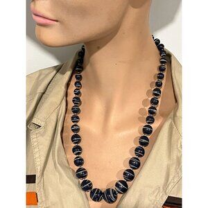 Vintage Navy Blue & White Swirled Bead Necklace